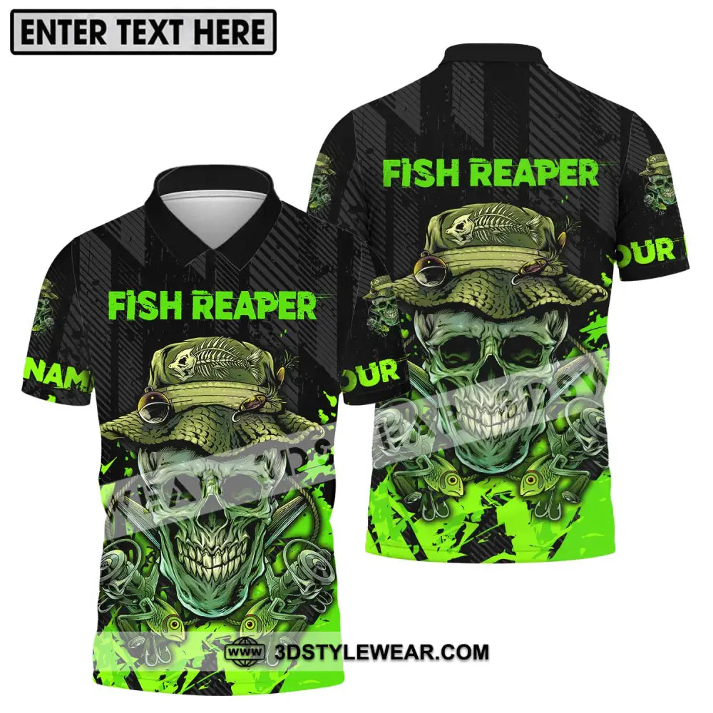 Unisex Shirt - Custom Name Fisher Fish Reaper Green Skull Polo / S T-Shirt