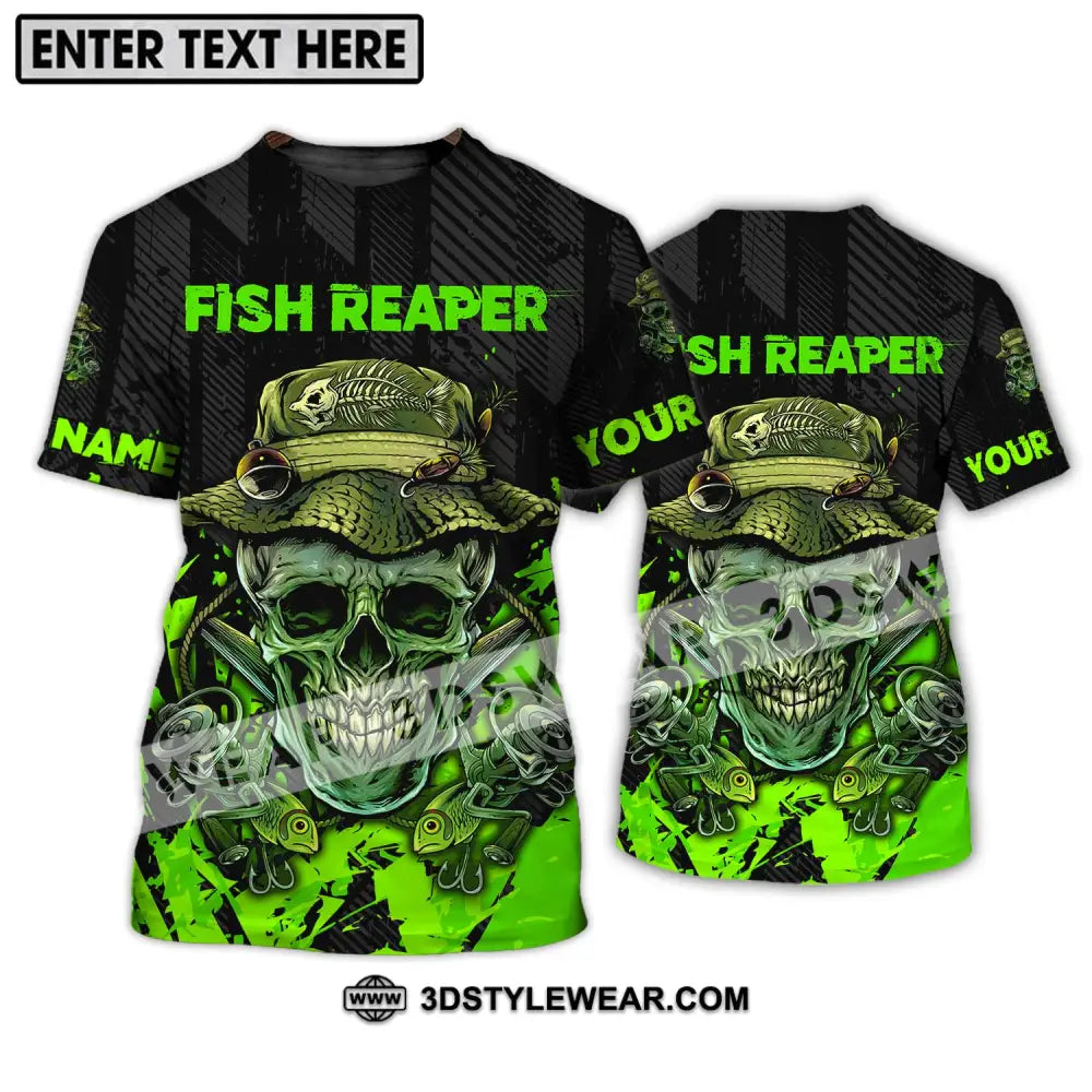 Unisex Shirt - Custom Name Fisher Fish Reaper Green Skull T-Shirt / S T-Shirt