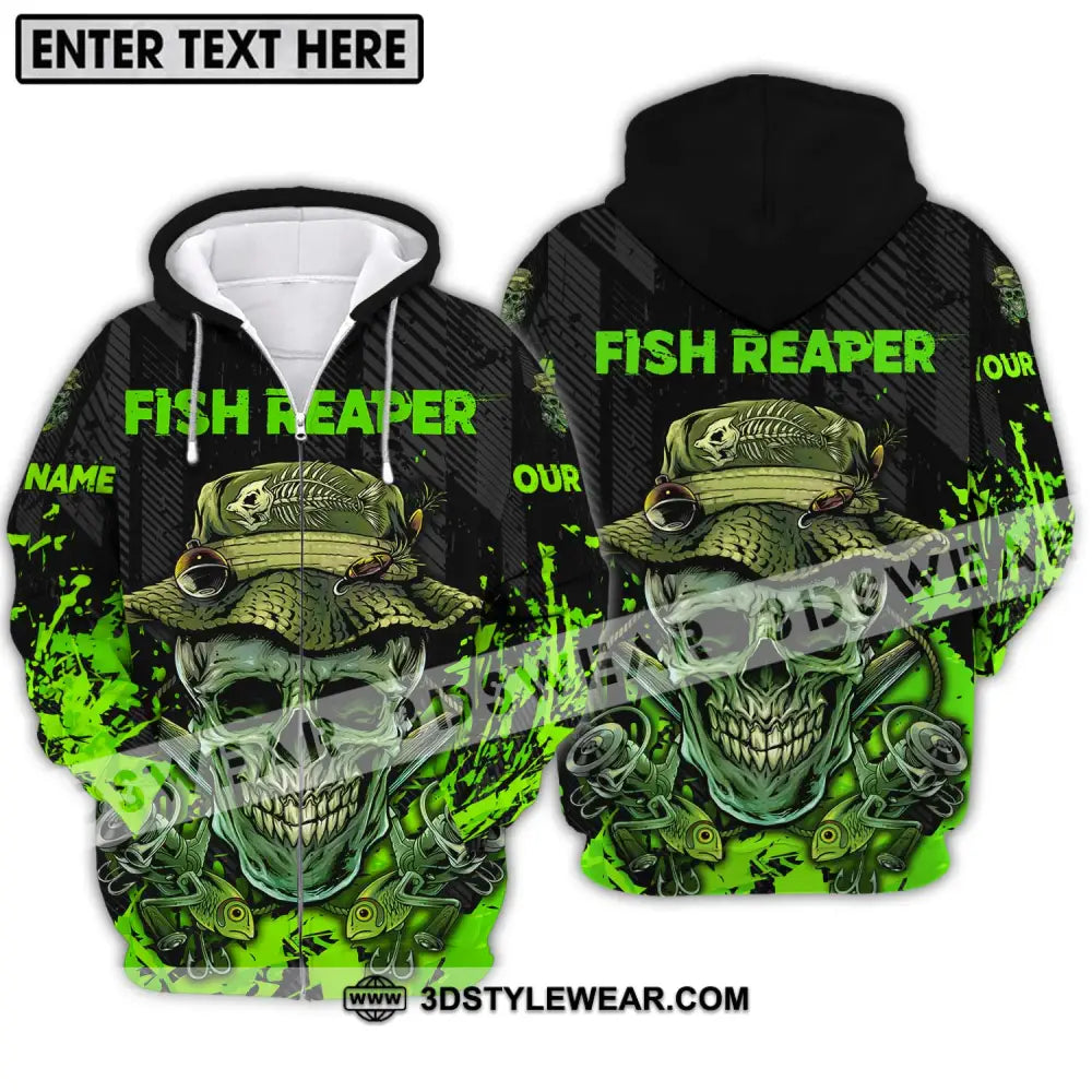 Unisex Shirt - Custom Name Fisher Fish Reaper Green Skull Zipper Hoodie / S T-Shirt