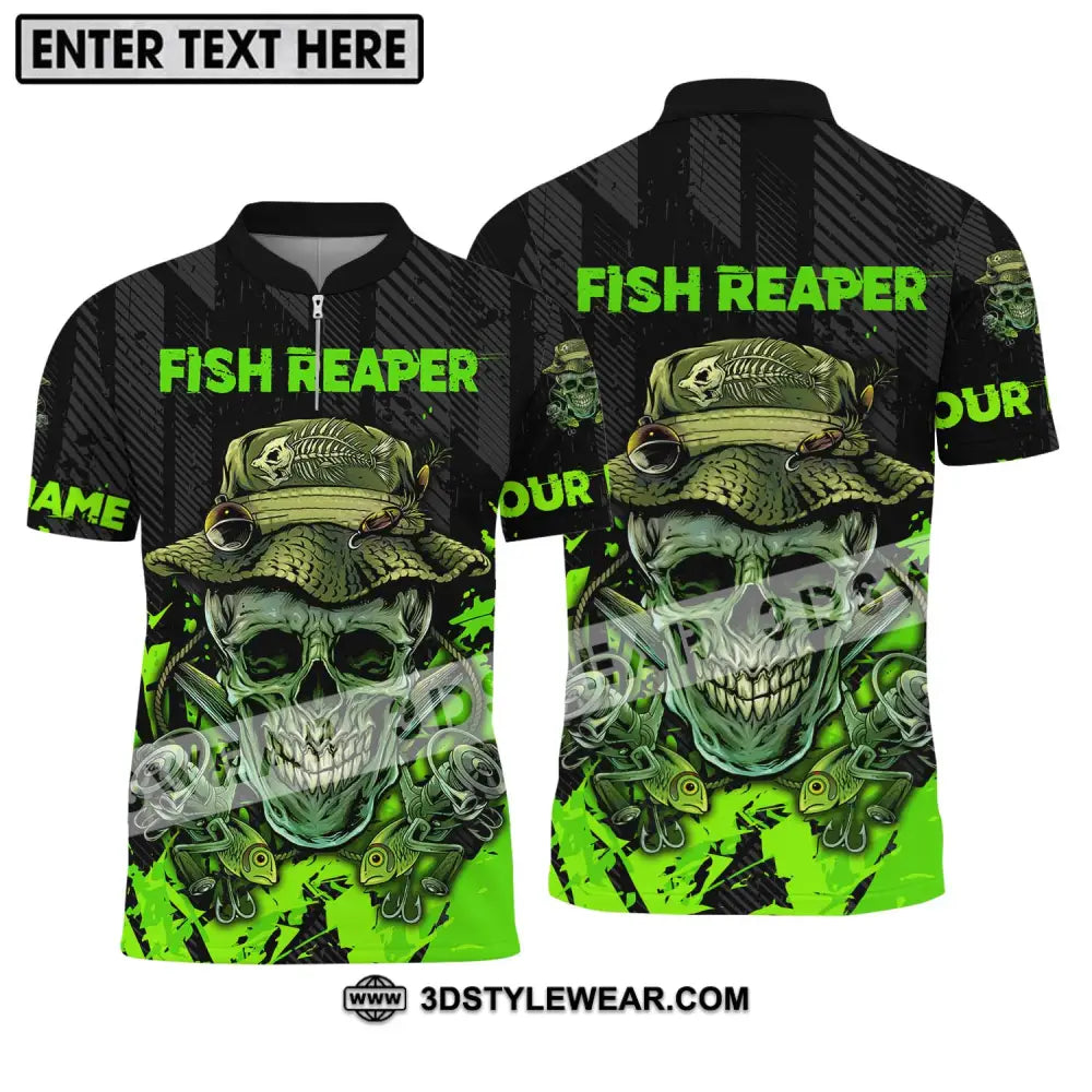 Unisex Shirt - Custom Name Fisher Fish Reaper Green Skull Zipper Polo / S T-Shirt