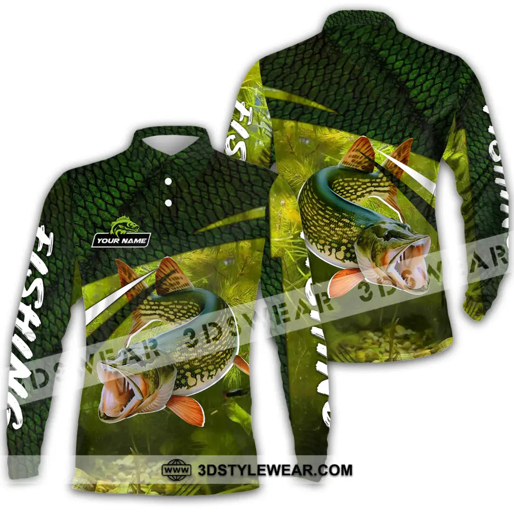 Unisex Shirt - Custom Name Fishing Green Long Sleeve Polo / S T-Shirt