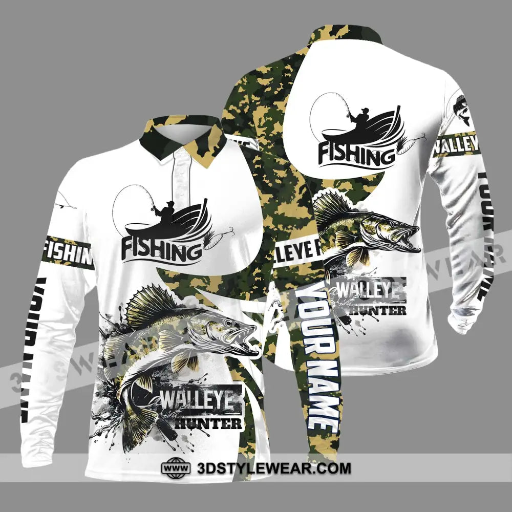 Unisex Shirt - Custom Name Fishing Walleye Fish Hunter Long Sleeve Polo / S T-Shirt