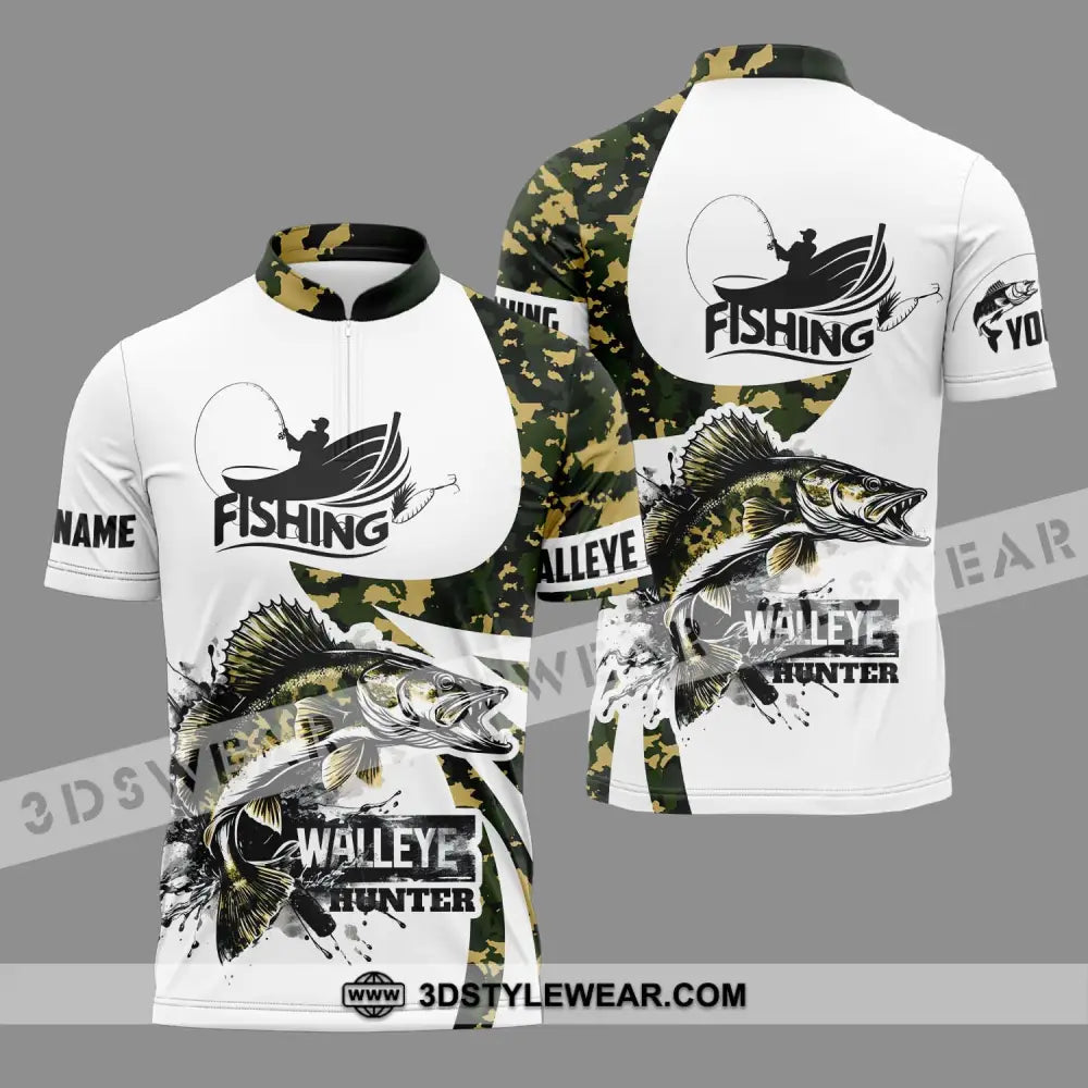 Unisex Shirt - Custom Name Fishing Walleye Fish Hunter Zipper Polo / S T-Shirt