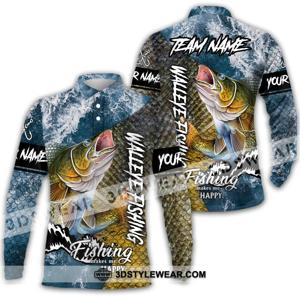 Unisex Shirt - Custom Name Fishing Walleye Fish Long Sleeve Polo / S T-Shirt