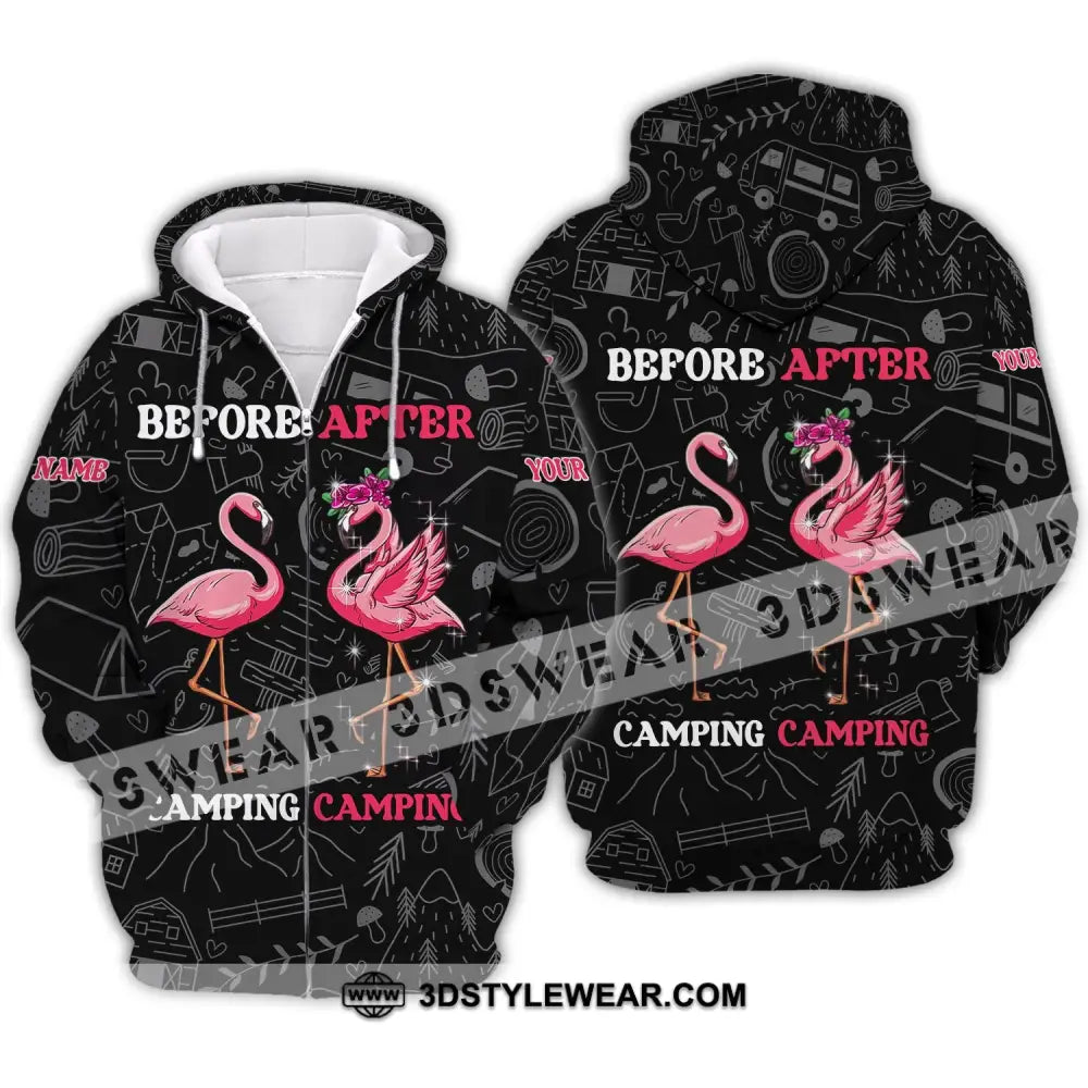 Unisex Shirt - Custom Name Flamingo Before And After Camping Zipper Hoodie / S T-Shirt