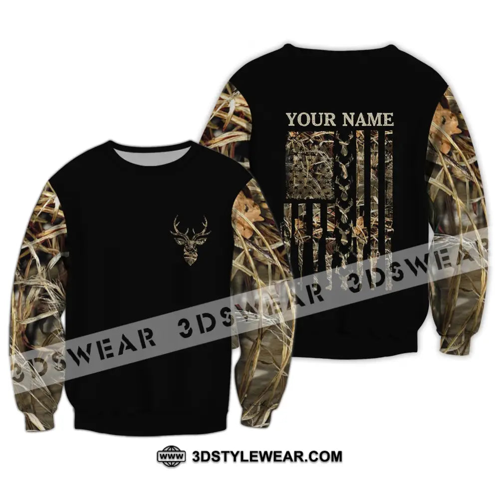 Unisex Shirt - Custom Name Hunting Deer Camo American Flag Long Sleeve / S T-Shirt