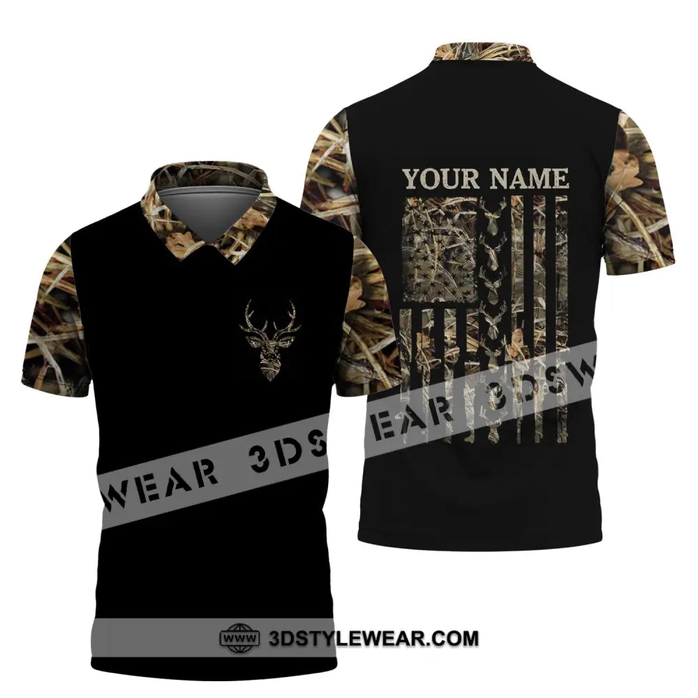 Unisex Shirt - Custom Name Hunting Deer Camo American Flag Polo / S T-Shirt