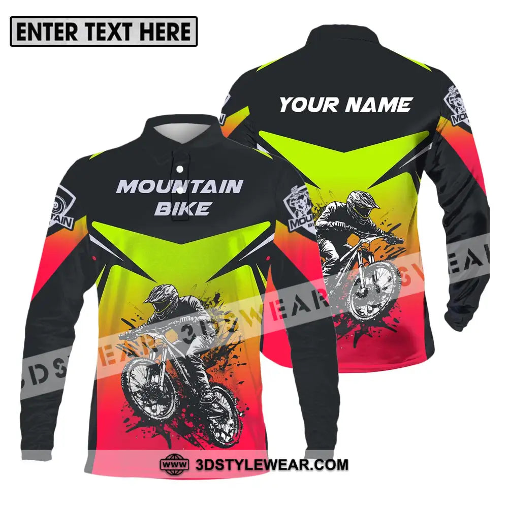 Unisex Shirt - Custom Name Mountain Bike For Player Three Color Long Sleeve Polo / S T-Shirt