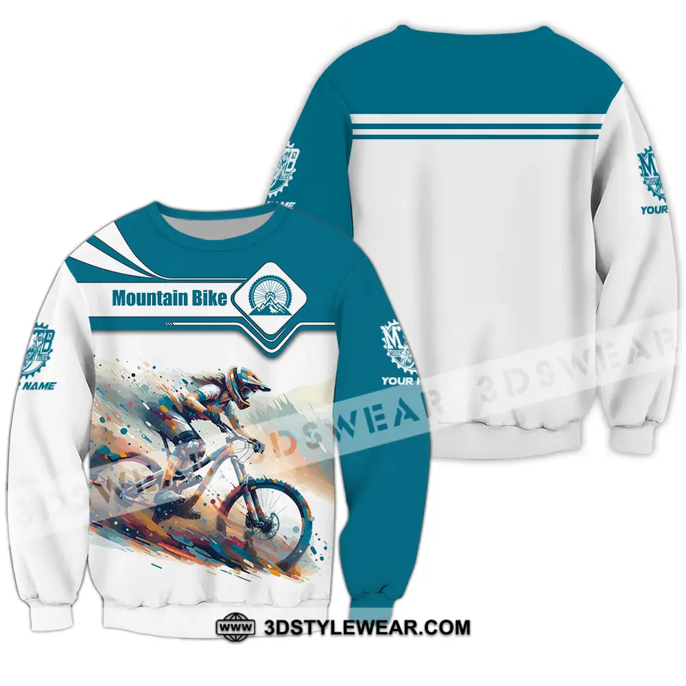 Unisex Shirt - Custom Name Mountain Bike Sport Blue And White Biker Long Sleeve / S T-Shirt