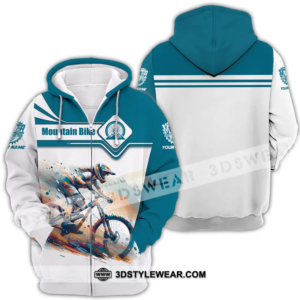 Unisex Shirt - Custom Name Mountain Bike Sport Blue And White Biker Zipper Hoodie / S T-Shirt