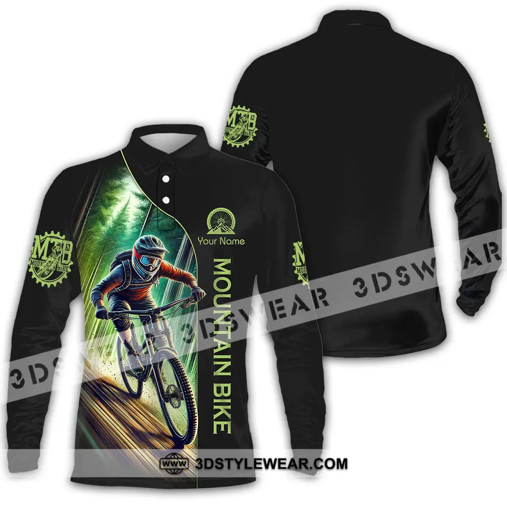 Unisex Shirt - Custom Name Mountain Bike Sport Forest And Black Biker Long Sleeve Polo / S T-Shirt