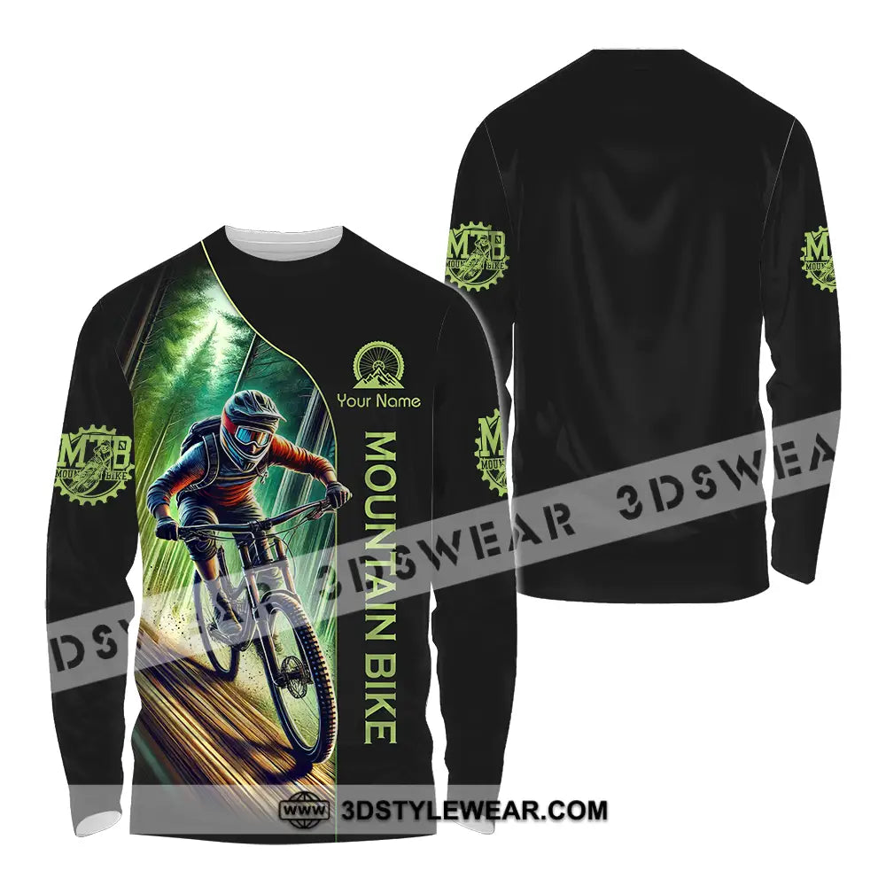 Unisex Shirt - Custom Name Mountain Bike Sport Forest And Black Biker Long Sleeve / S T-Shirt