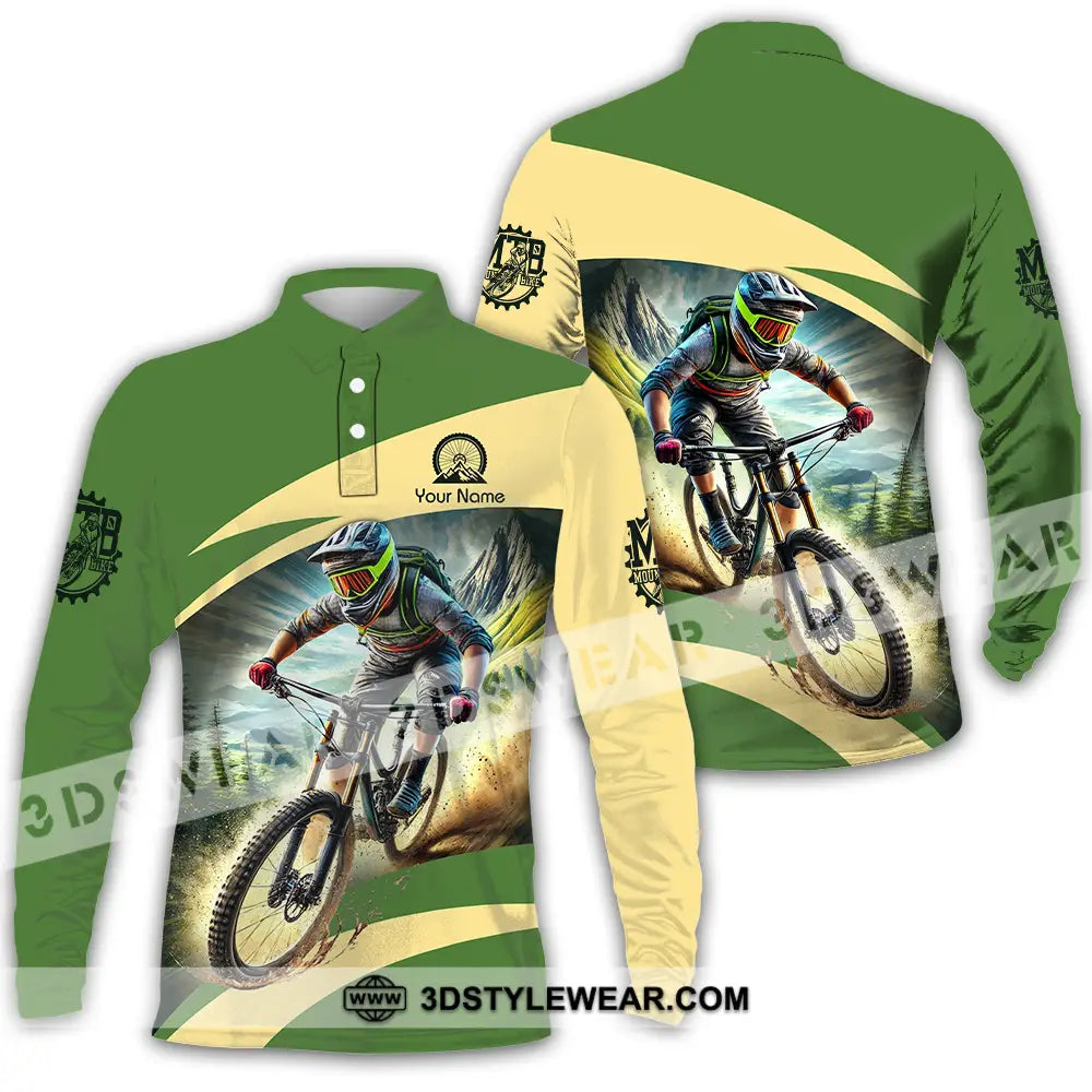 Unisex Shirt - Custom Name Mountain Bike Sport Green Biker Long Sleeve Polo / S T-Shirt