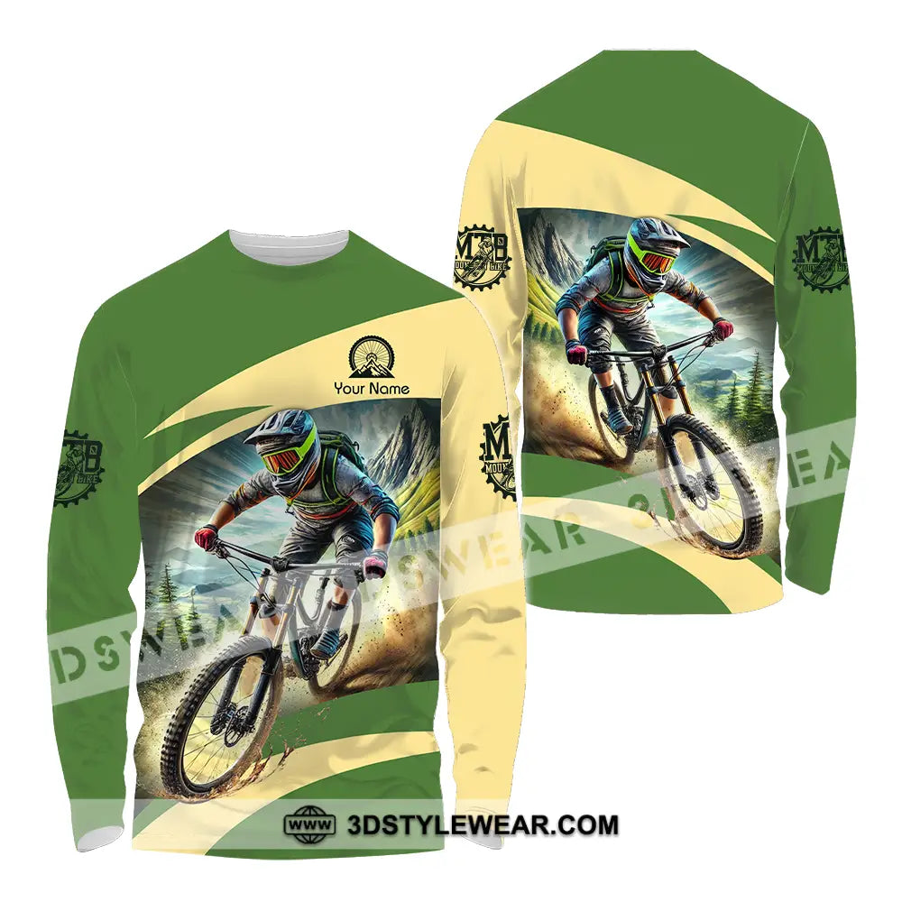 Unisex Shirt - Custom Name Mountain Bike Sport Green Biker Long Sleeve / S T-Shirt