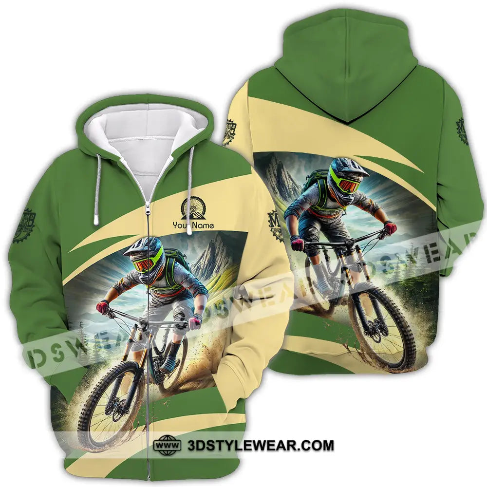 Unisex Shirt - Custom Name Mountain Bike Sport Green Biker Zipper Hoodie / S T-Shirt