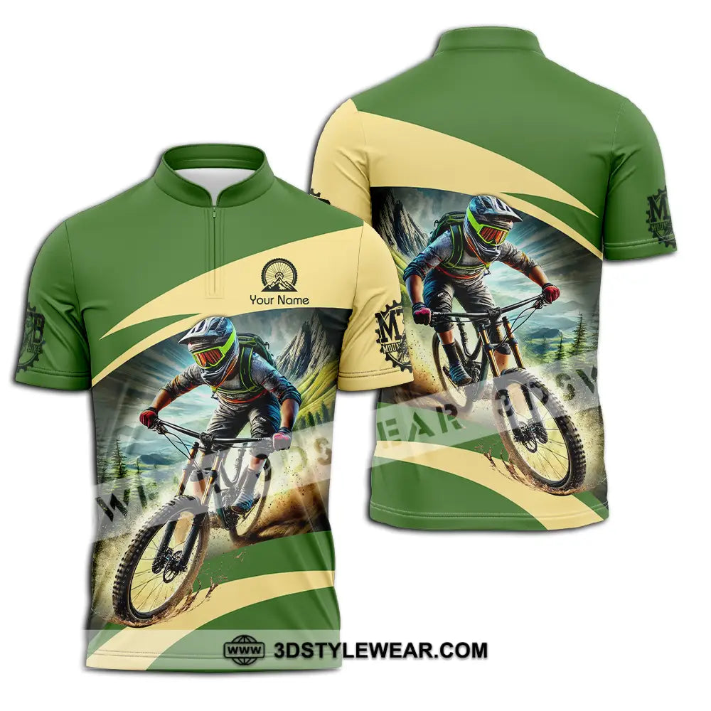 Unisex Shirt - Custom Name Mountain Bike Sport Green Biker Zipper Polo / S T-Shirt