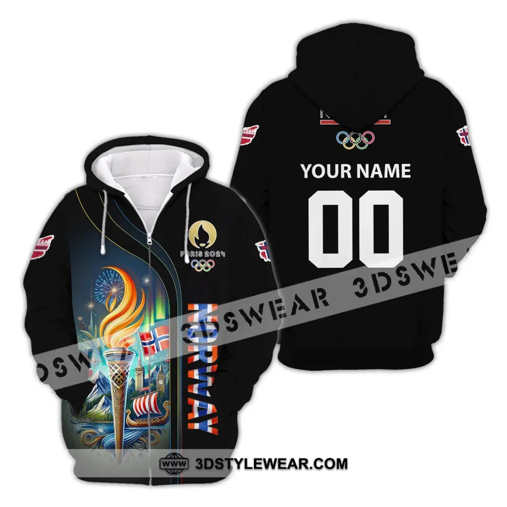 Unisex Shirt Custom Name Norway Olympic 2024 Long Sleeve Polo Zipper Hoodie / S T-Shirt