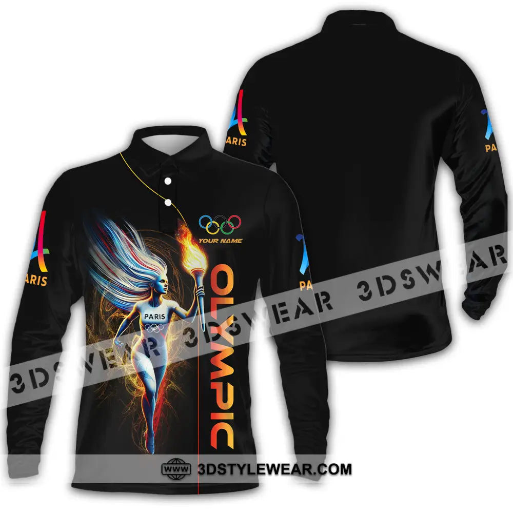 Unisex Shirt - Custom Name Olympic Fire Long Sleeve Polo / S T-Shirt