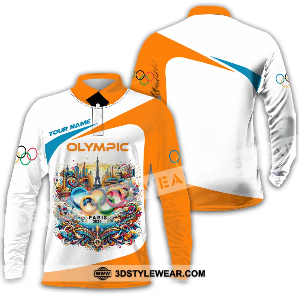 Unisex Shirt - Custom Name Olympic Orange And White Long Sleeve Polo / S T-Shirt