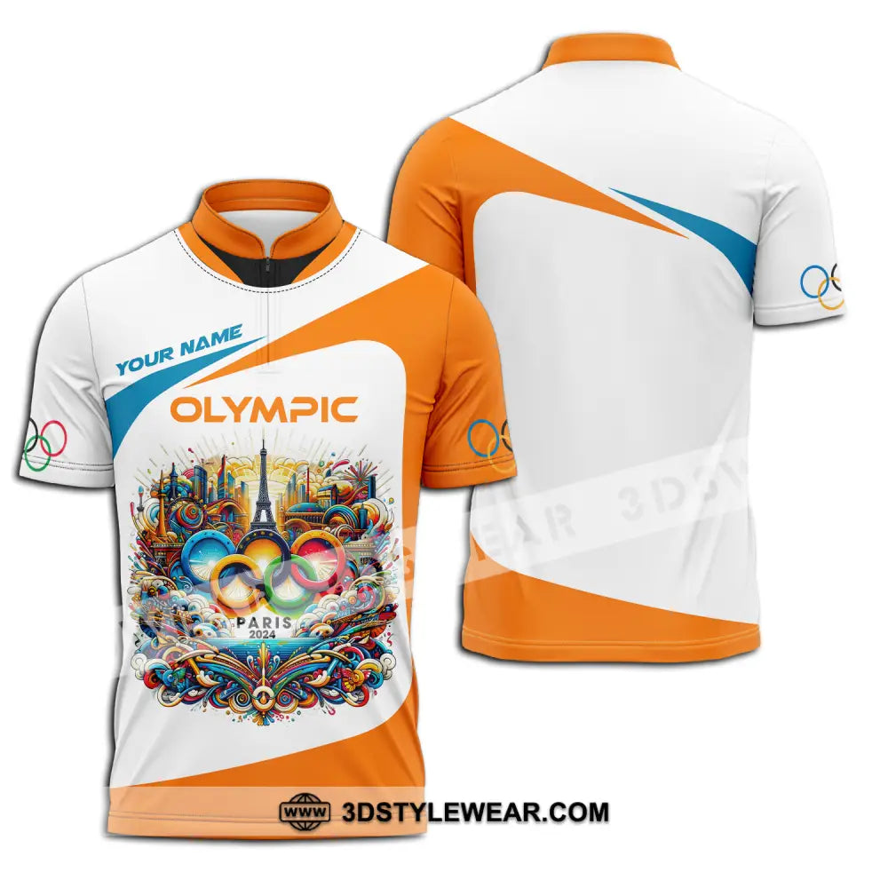 Unisex Shirt - Custom Name Olympic Orange And White Zipper Polo / S T-Shirt