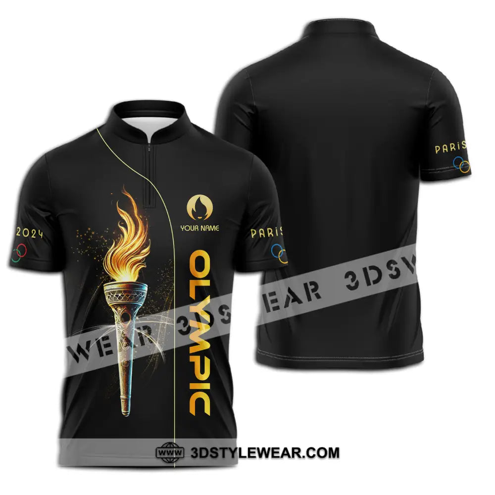 Unisex Shirt - Custom Name Olympic Paris 2024 Black Gold Zipper Polo / S T-Shirt