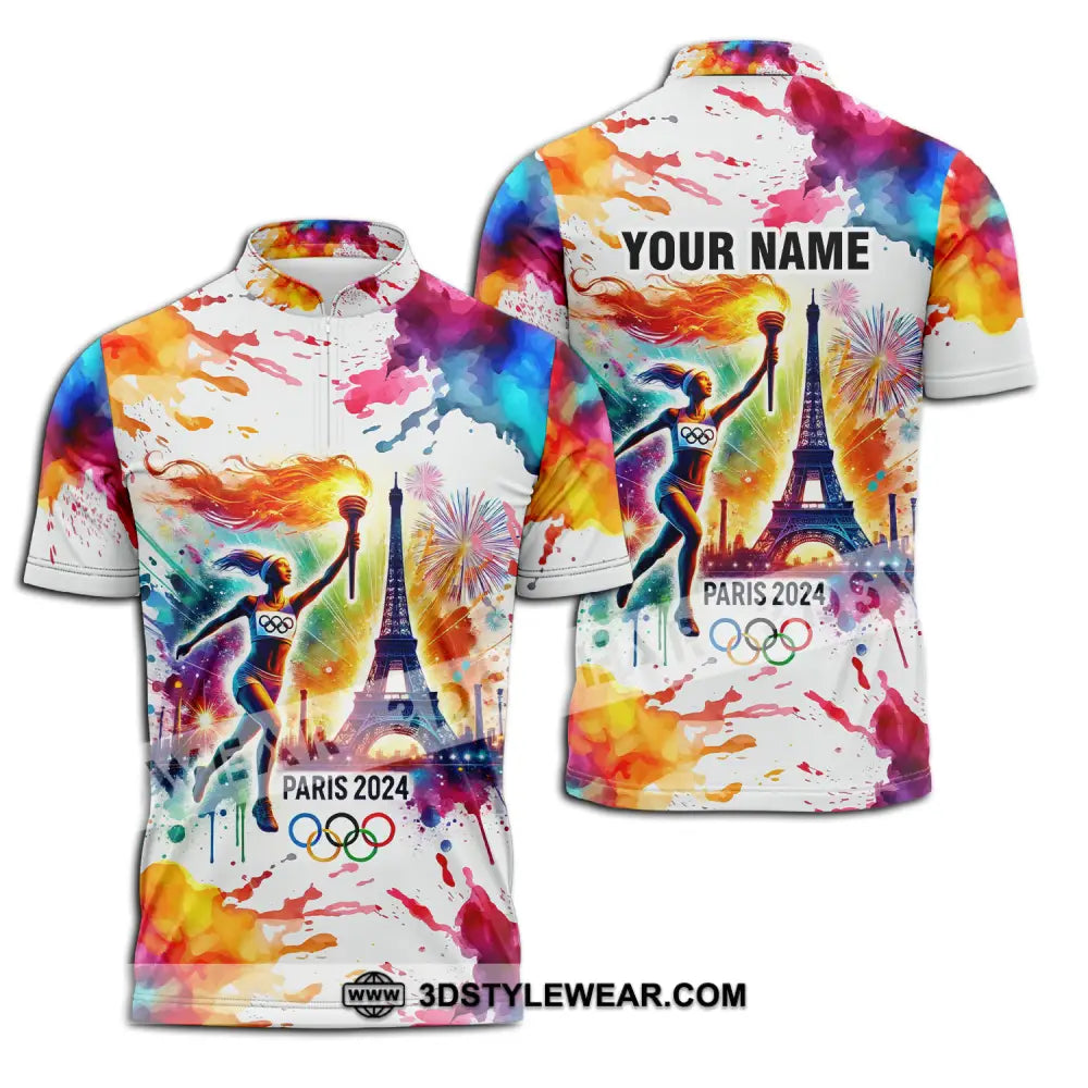 Unisex Shirt - Custom Name Olympic Paris 2024 Colorful Zipper Polo / S T-Shirt