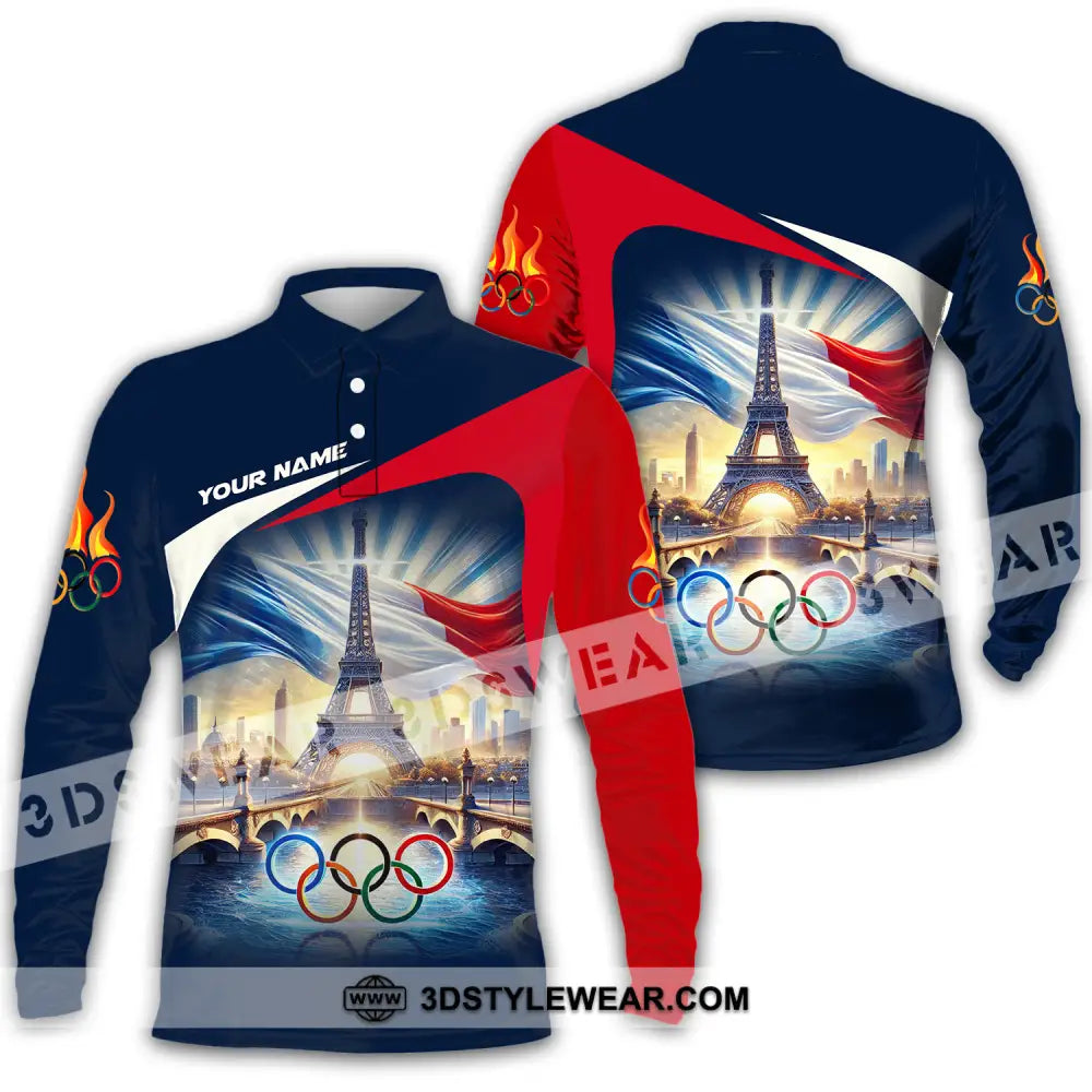 Unisex Shirt - Custom Name Olympic Paris 2024 Eiffel Tower Long Sleeve Polo / S T-Shirt