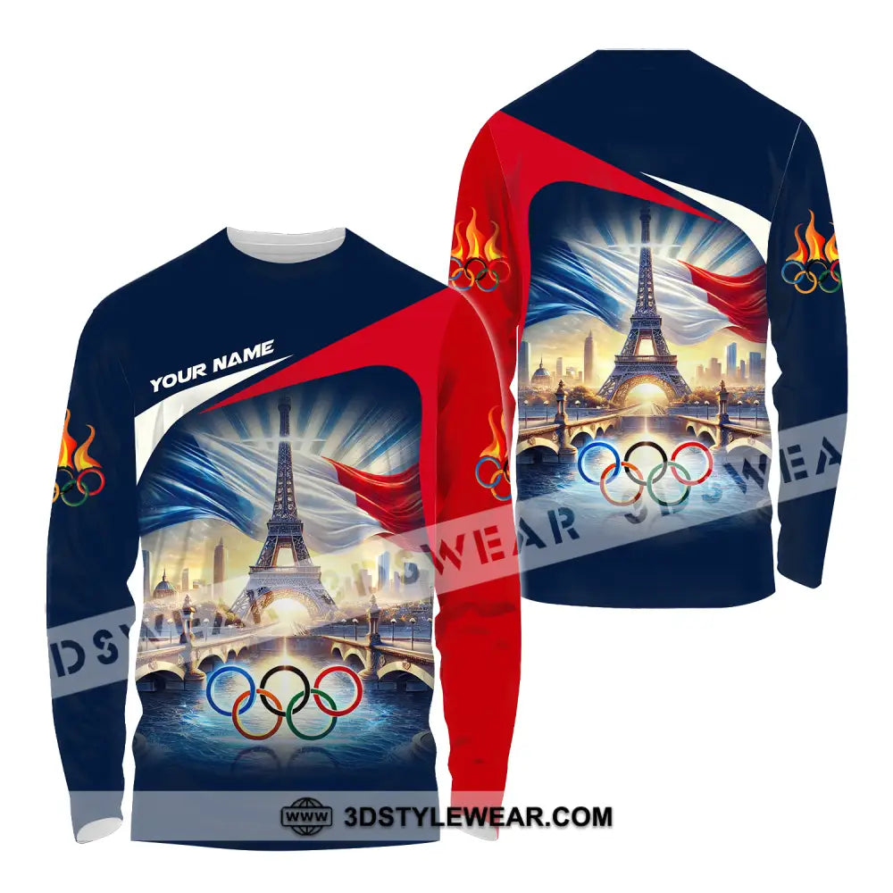 Unisex Shirt - Custom Name Olympic Paris 2024 Eiffel Tower Long Sleeve / S T-Shirt