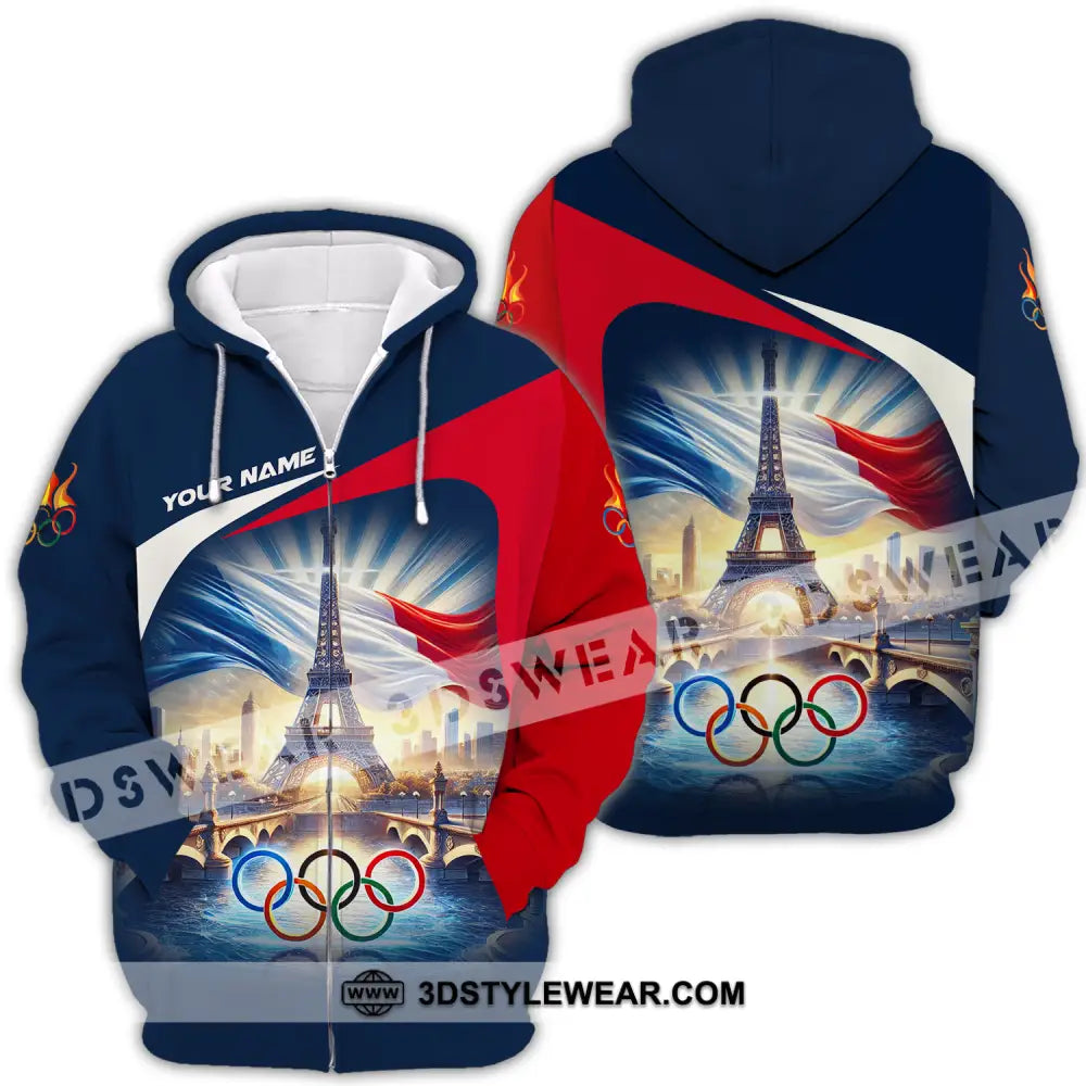 Unisex Shirt - Custom Name Olympic Paris 2024 Eiffel Tower Zipper Hoodie / S T-Shirt