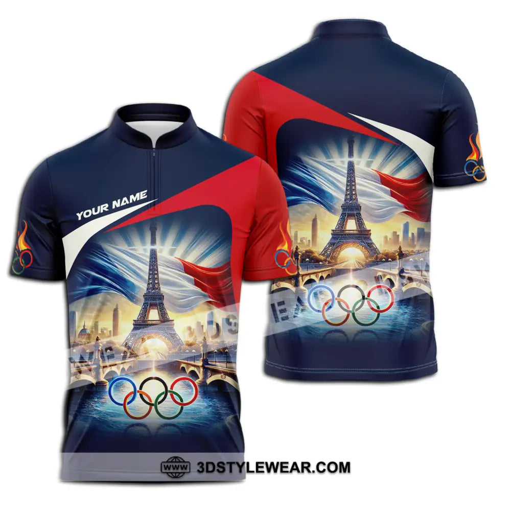 Unisex Shirt - Custom Name Olympic Paris 2024 Eiffel Tower Zipper Polo / S T-Shirt