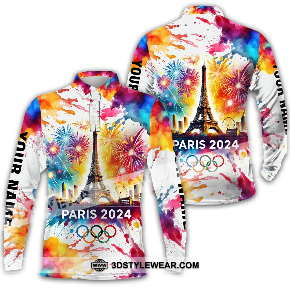 Unisex Shirt - Custom Name Olympic Paris 2024 Firework Long Sleeve Polo / S T-Shirt