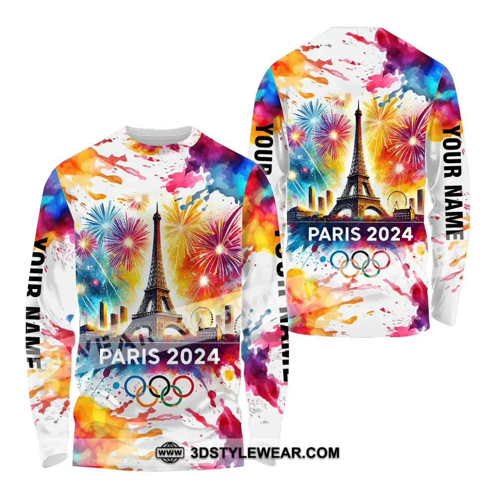 Unisex Shirt - Custom Name Olympic Paris 2024 Firework Long Sleeve / S T-Shirt