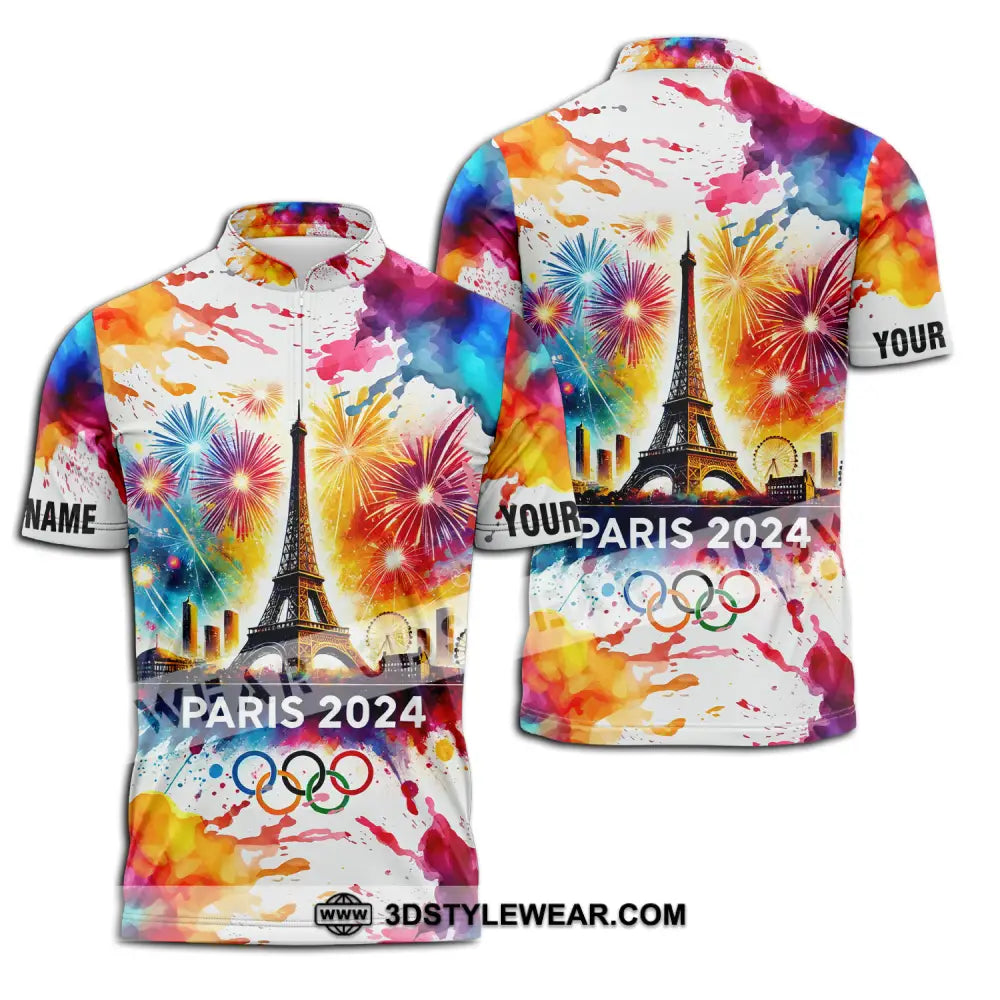 Unisex Shirt - Custom Name Olympic Paris 2024 Firework Zipper Polo / S T-Shirt