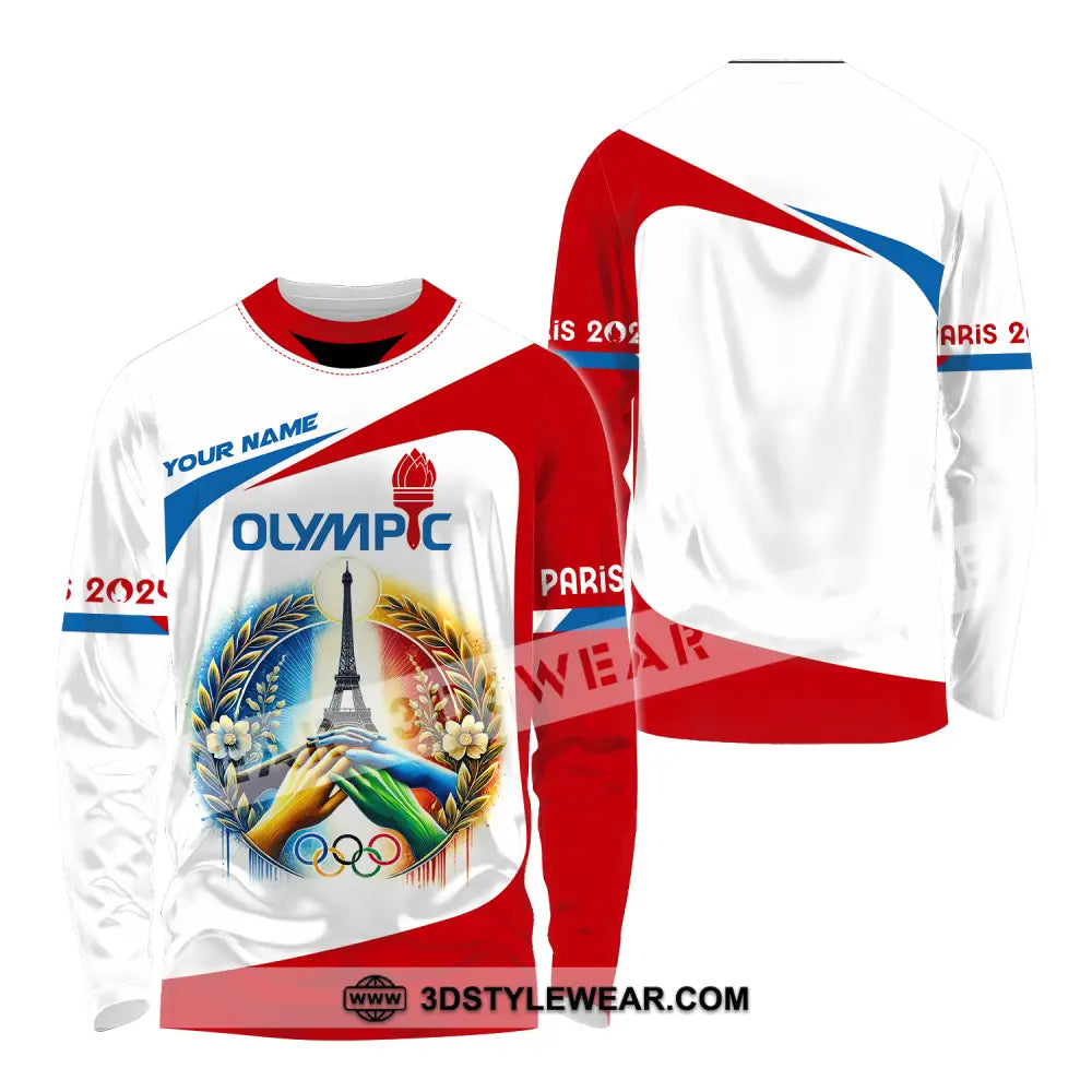 Unisex Shirt - Custom Name Olympic Paris 2024 White Red Long Sleeve / S T-Shirt