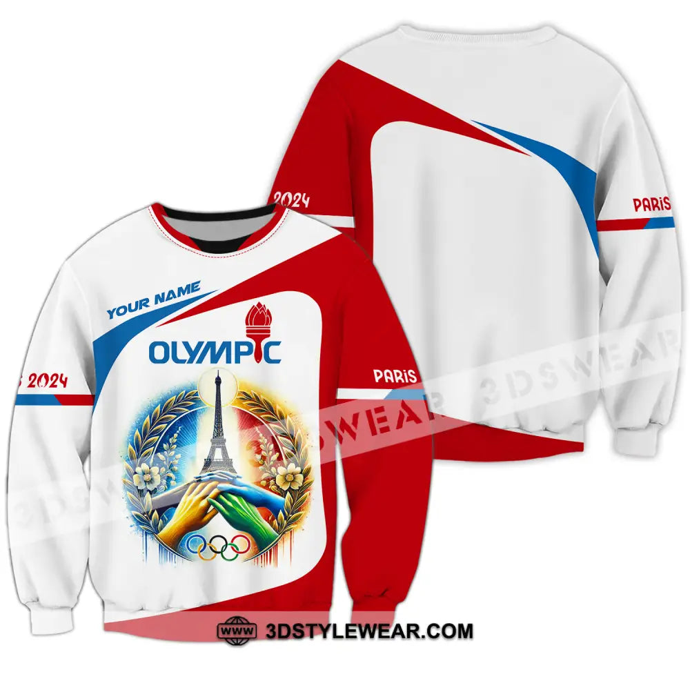 Unisex Shirt - Custom Name Olympic Paris 2024 White Red Long Sleeve / S T-Shirt