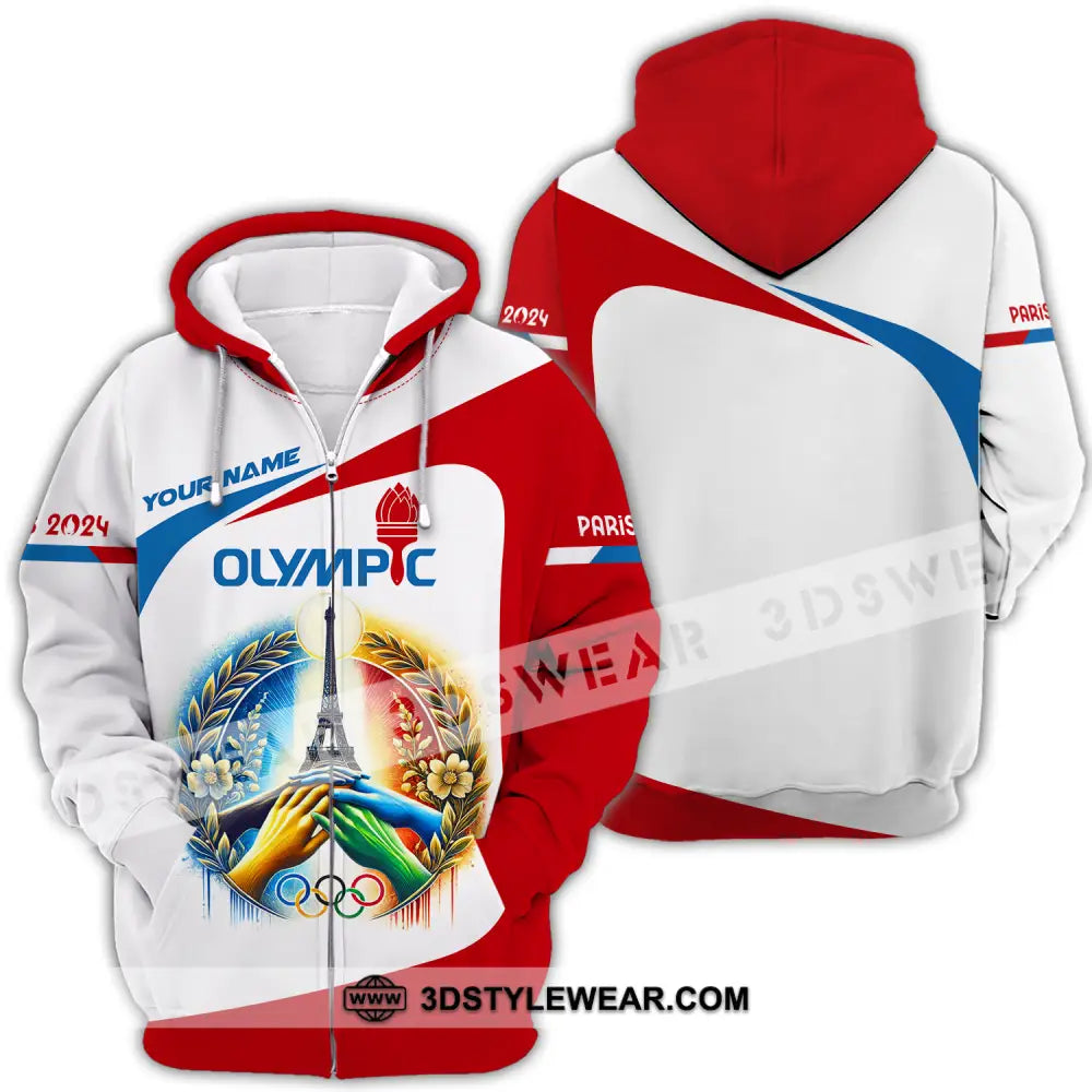 Unisex Shirt - Custom Name Olympic Paris 2024 White Red Zipper Hoodie / S T-Shirt