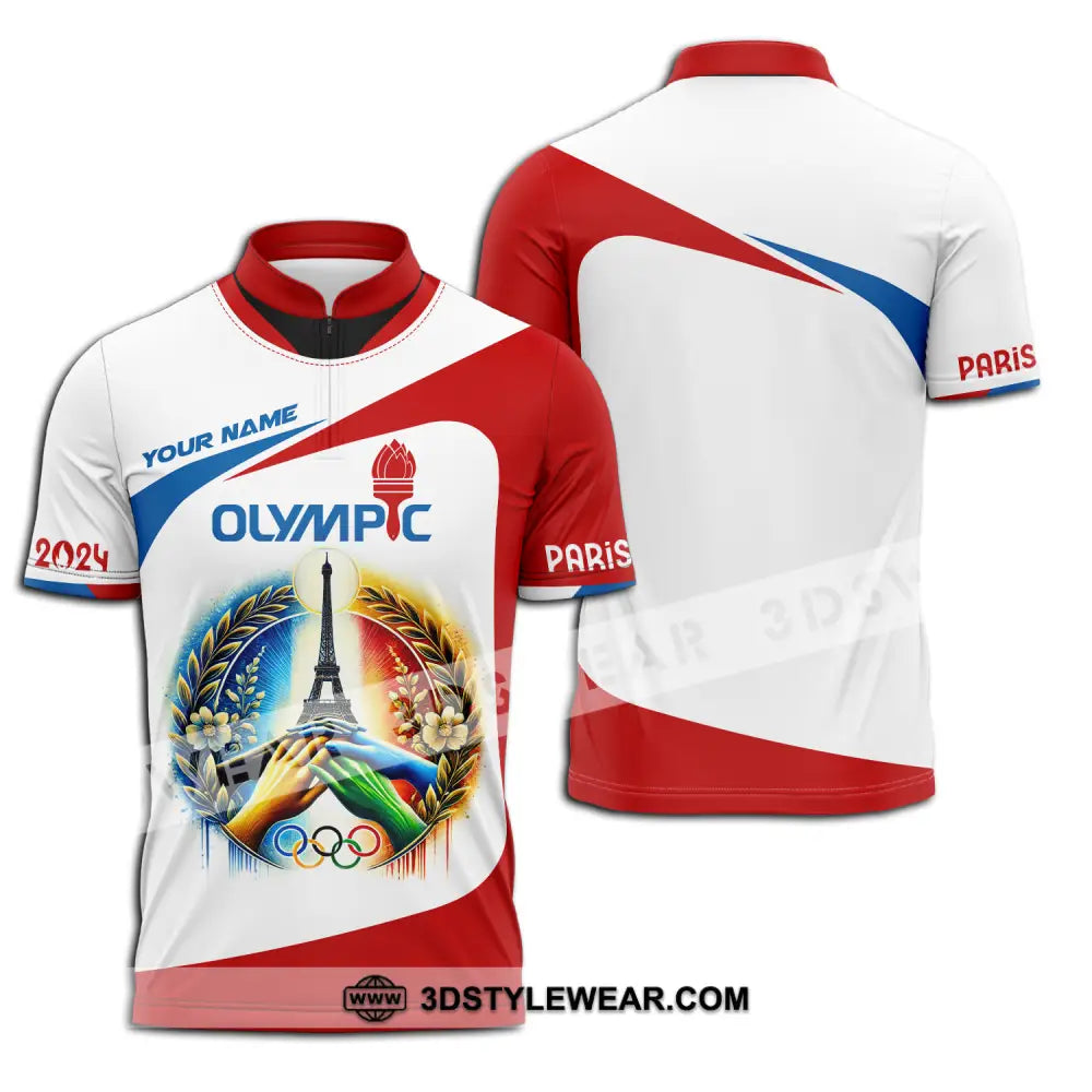 Unisex Shirt - Custom Name Olympic Paris 2024 White Red Zipper Polo / S T-Shirt