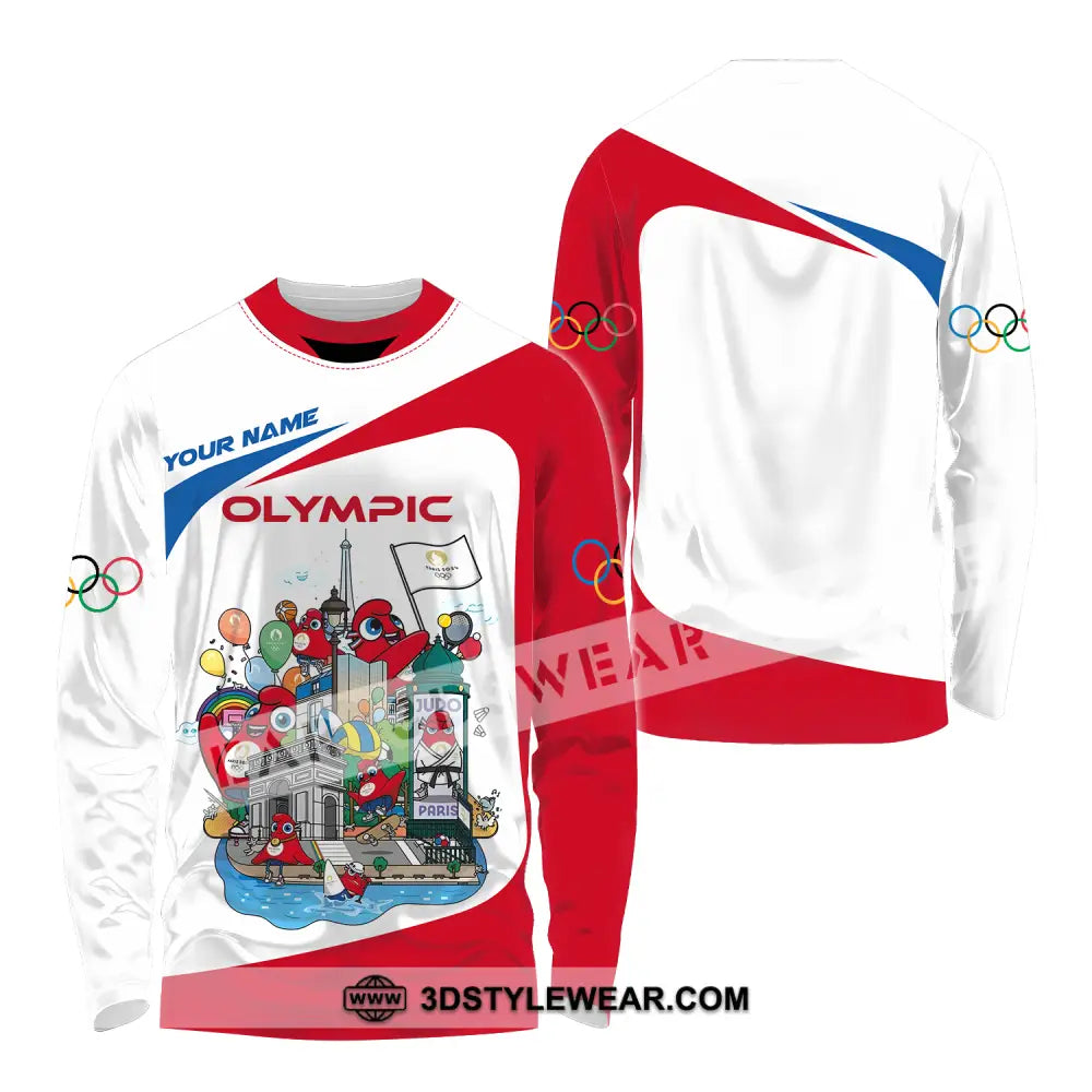 Unisex Shirt - Custom Name Olympic Red And White Long Sleeve / S T-Shirt