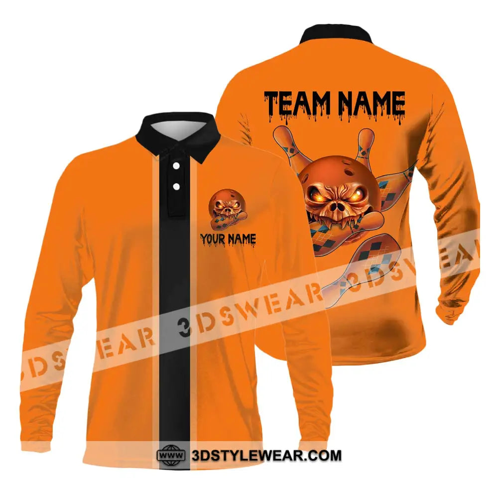 Unisex Shirt - Custom Name Orange Skull Bowling Long Sleeve Polo / S T-Shirt