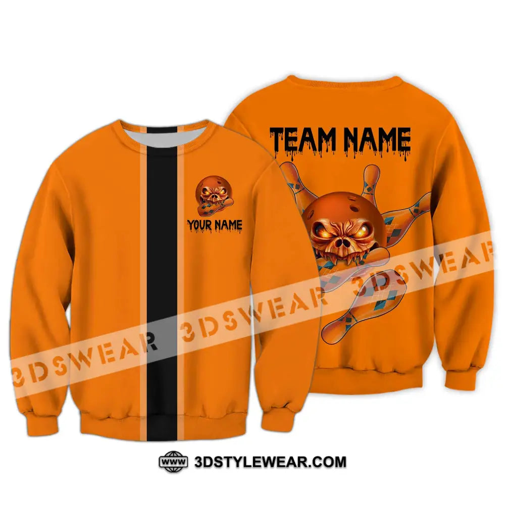 Unisex Shirt - Custom Name Orange Skull Bowling Long Sleeve / S T-Shirt