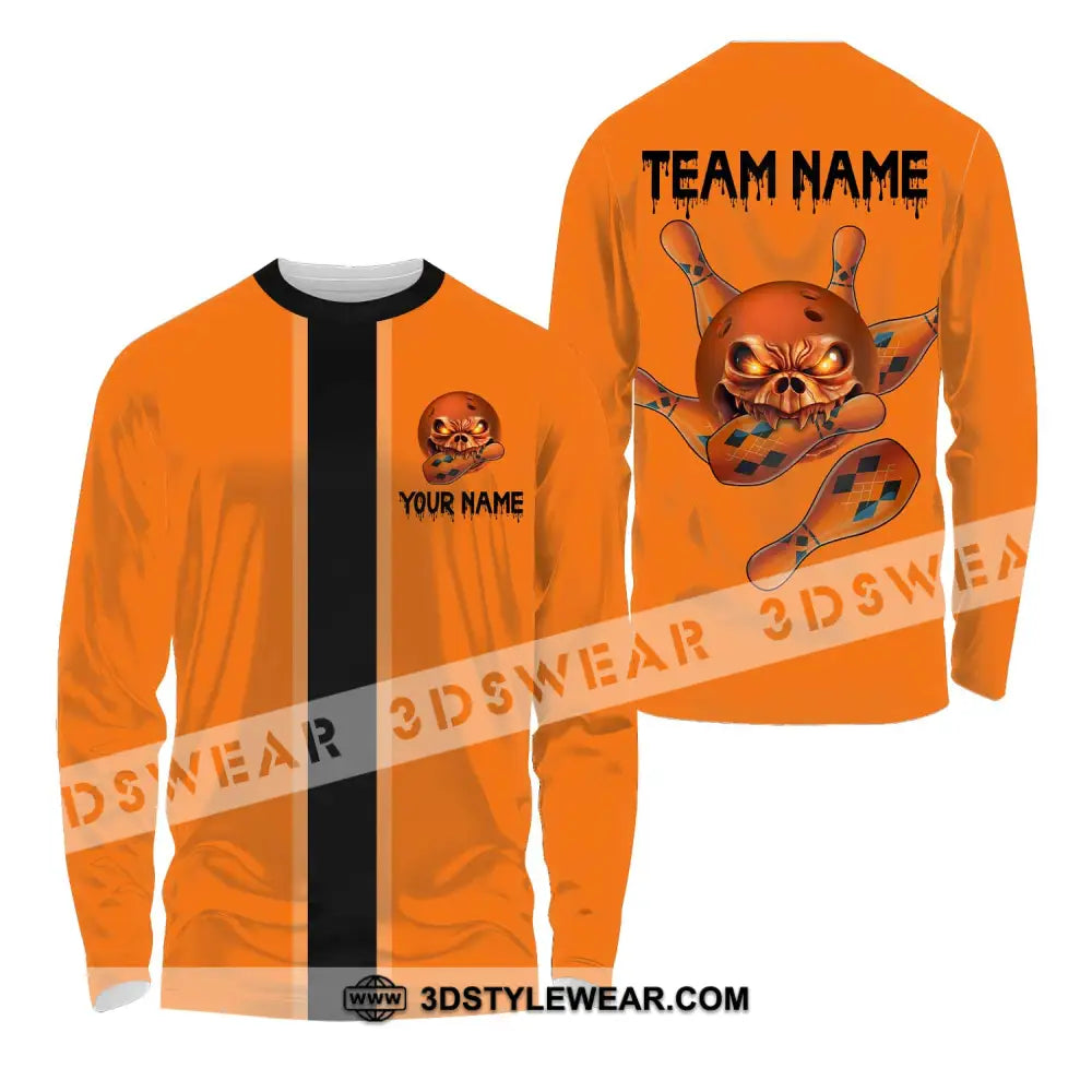 Unisex Shirt - Custom Name Orange Skull Bowling Long Sleeve / S T-Shirt