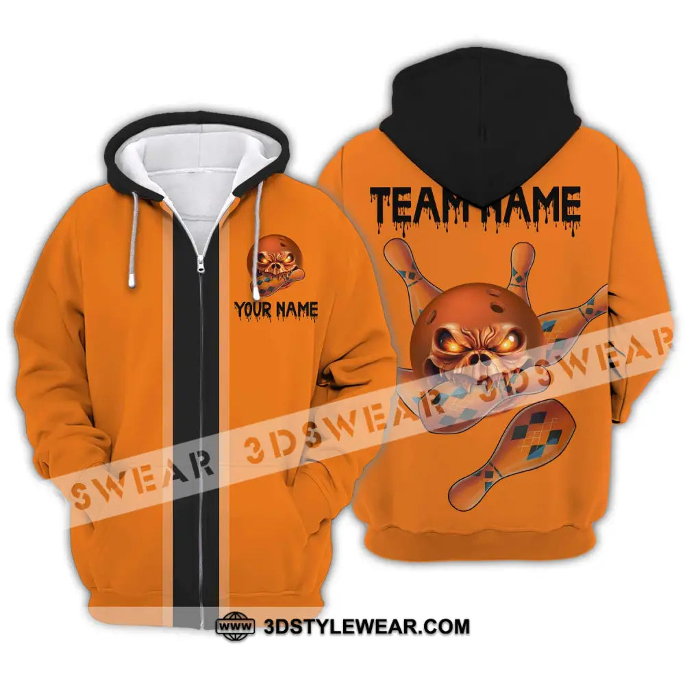 Unisex Shirt - Custom Name Orange Skull Bowling Zipper Hoodie / S T-Shirt