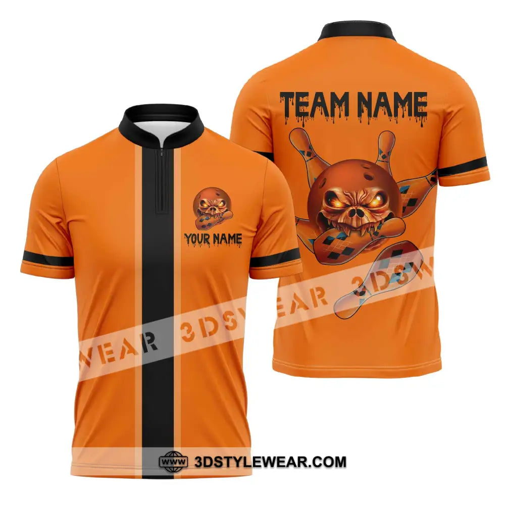 Unisex Shirt - Custom Name Orange Skull Bowling Zipper Polo / S T-Shirt