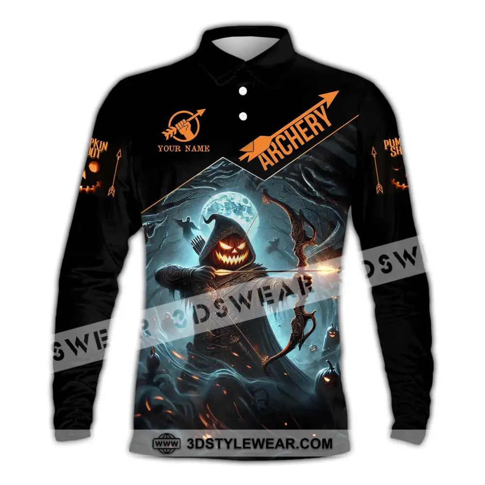 Unisex Shirt - Custom Name Pumpkin Shoot Archery Long Sleeve Polo / S T-Shirt