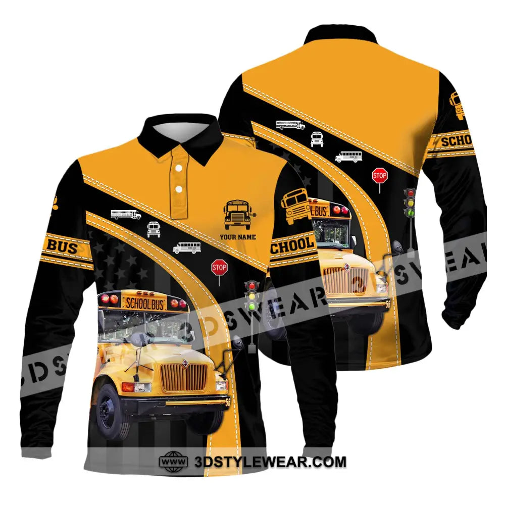 Unisex Shirt - Custom Name School Bus Long Sleeve Polo / S T-Shirt