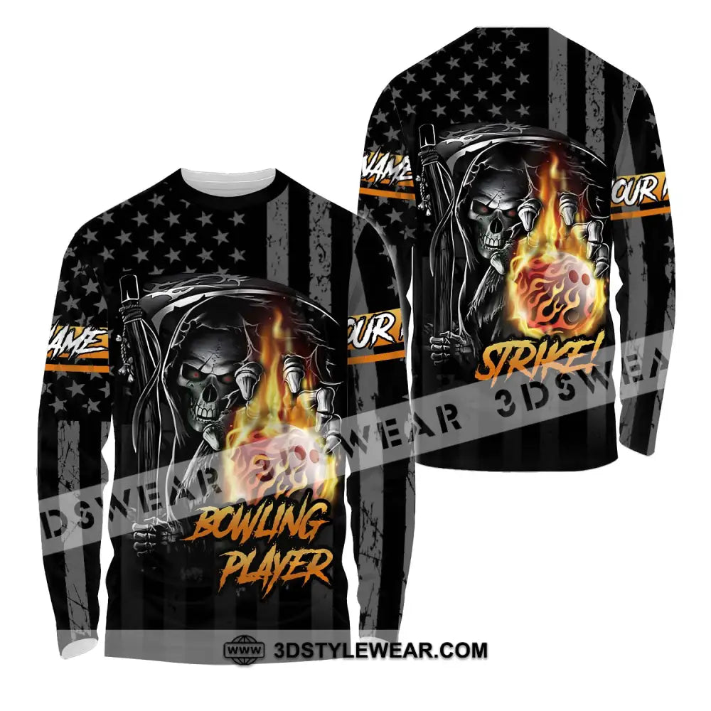 Unisex Shirt - Custom Name Skull Bowling Player Long Sleeve / S T-Shirt