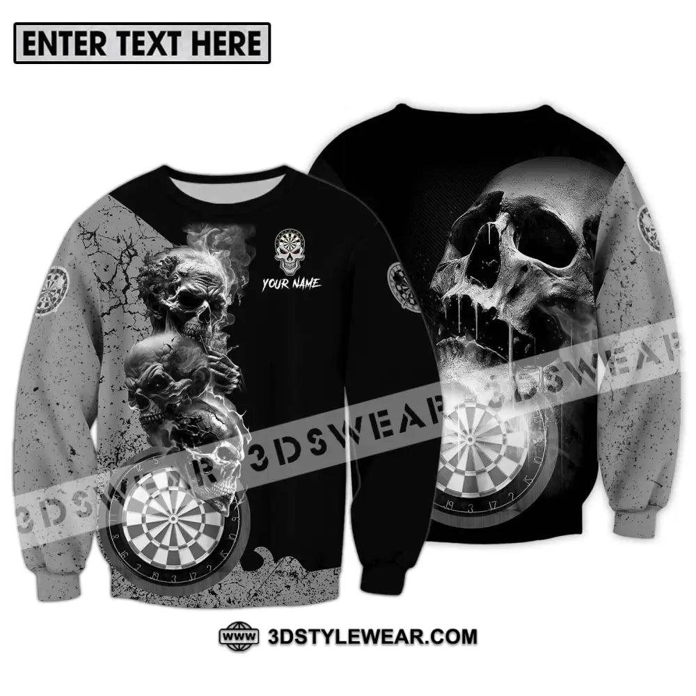 Unisex Shirt - Custom Name Smoking Skull Darts Long Sleeve / S T-Shirt