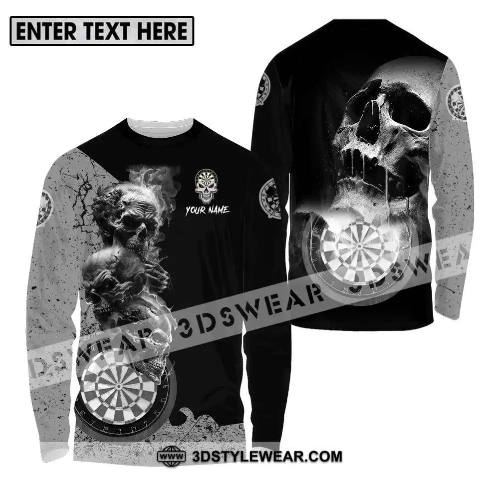 Unisex Shirt - Custom Name Smoking Skull Darts Long Sleeve / S T-Shirt