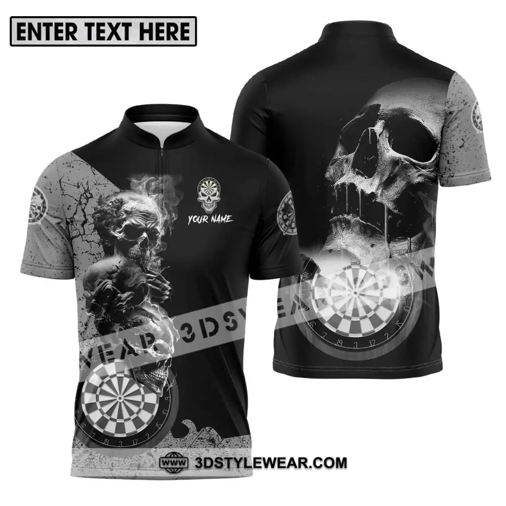 Unisex Shirt - Custom Name Smoking Skull Darts Zipper Polo / S T-Shirt