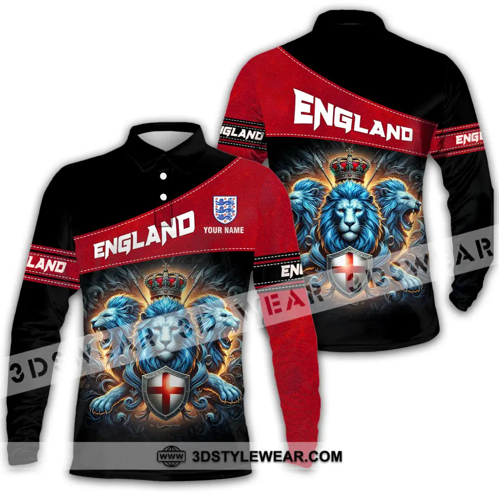 Unisex Shirt - Custom Name Sport England Three Lions Long Sleeve Polo / S T-Shirt